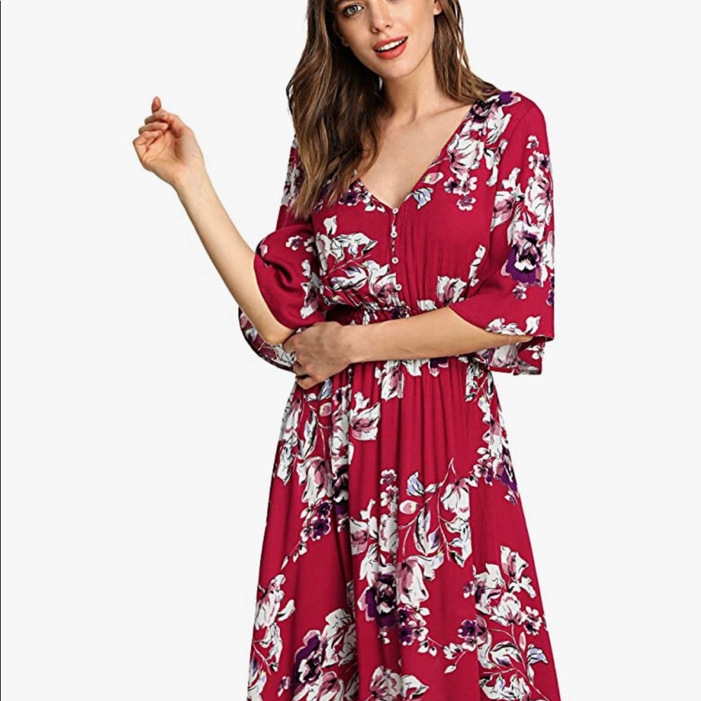 Red with purple flowers summer dress